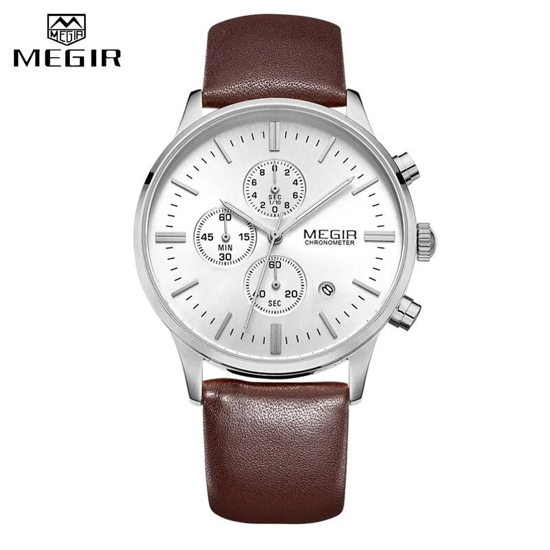 MEGIR Luxury Casual Men Watches Leather Strap Quartz Chronograph Top Brand Watch Military Sport Men relogio feminino Waterproof