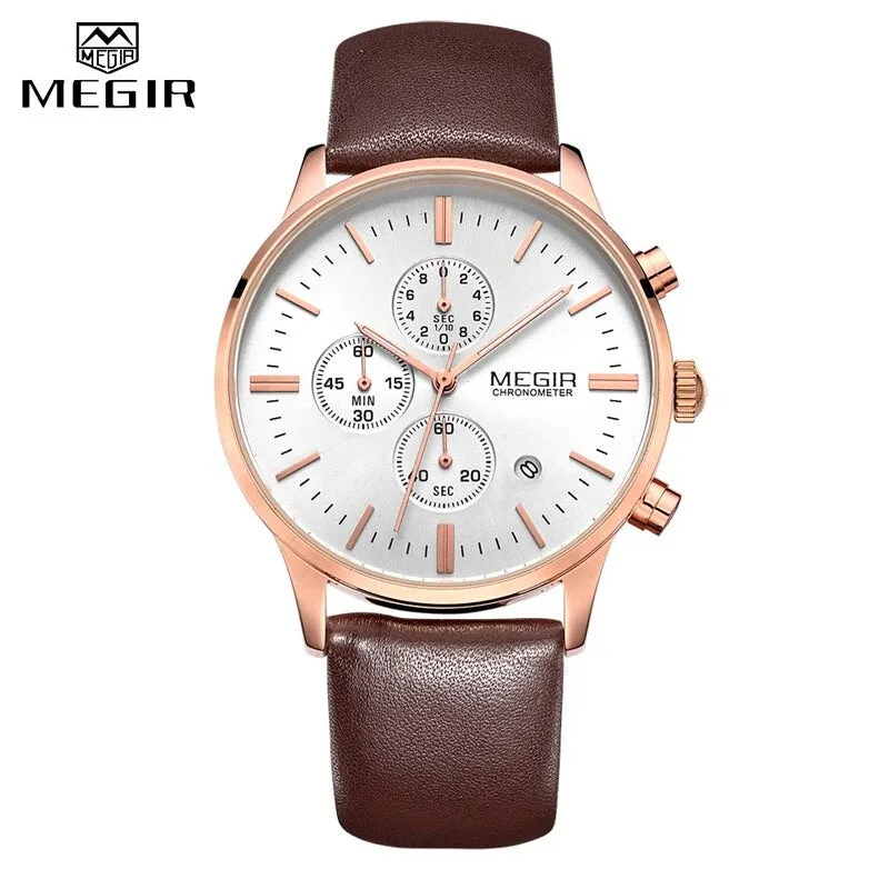 MEGIR Luxury Casual Men Watches Leather Strap Quartz Chronograph Top Brand Watch Military Sport Men relogio feminino Waterproof