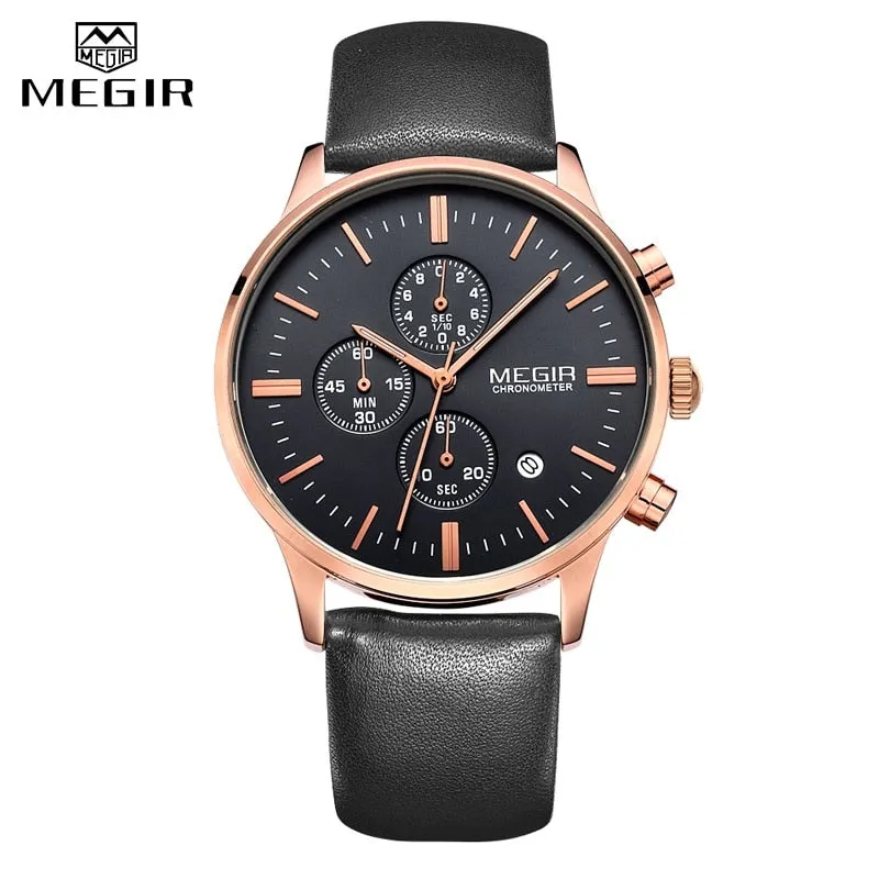 MEGIR Luxury Casual Men Watches Leather Strap Quartz Chronograph Top Brand Watch Military Sport Men relogio feminino Waterproof