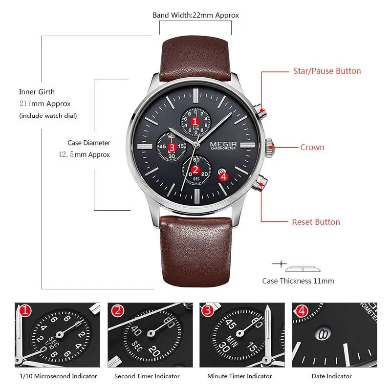 MEGIR Luxury Casual Men Watches Leather Strap Quartz Chronograph Top Brand Watch Military Sport Men relogio feminino Waterproof