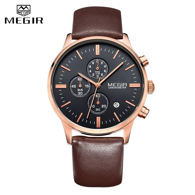 MEGIR Luxury Casual Men Watches Leather Strap Quartz Chronograph Top Brand Watch Military Sport Men relogio feminino Waterproof