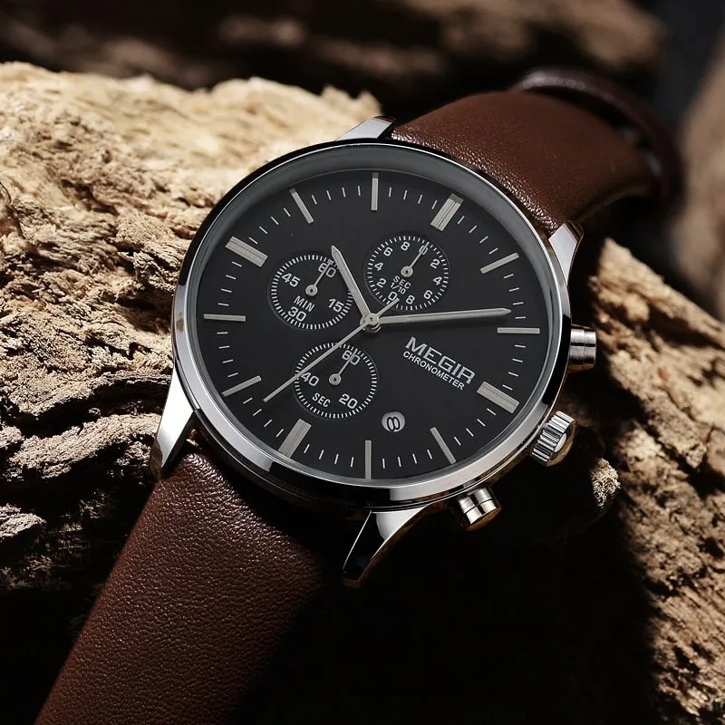 MEGIR Luxury Casual Men Watches Leather Strap Quartz Chronograph Top Brand Watch Military Sport Men relogio feminino Waterproof