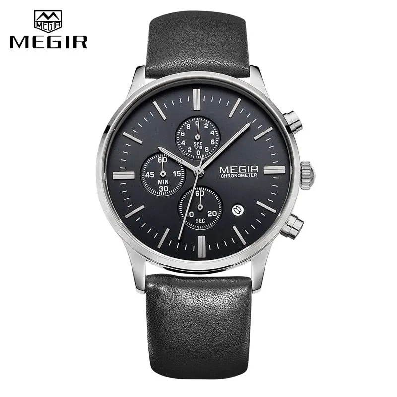 MEGIR Luxury Casual Men Watches Leather Strap Quartz Chronograph Top Brand Watch Military Sport Men relogio feminino Waterproof