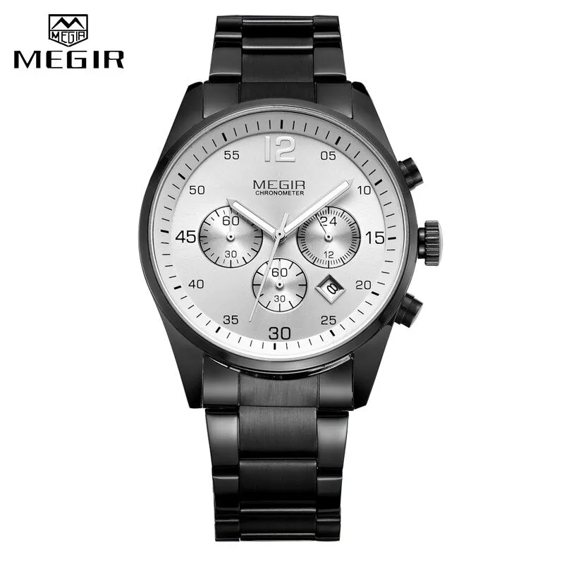 MEGIR Military Sport Men Watches Stainless Steel Quartz Watch Fashion Casual Male Date Clock Full Steel Business Mens Wristwatch