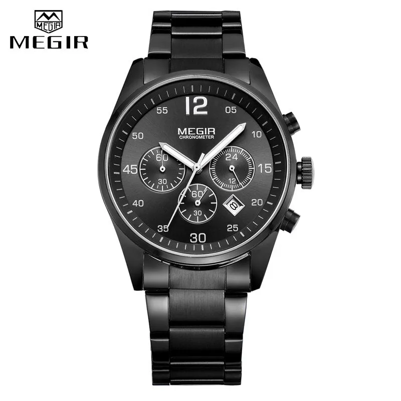 MEGIR Military Sport Men Watches Stainless Steel Quartz Watch Fashion Casual Male Date Clock Full Steel Business Mens Wristwatch