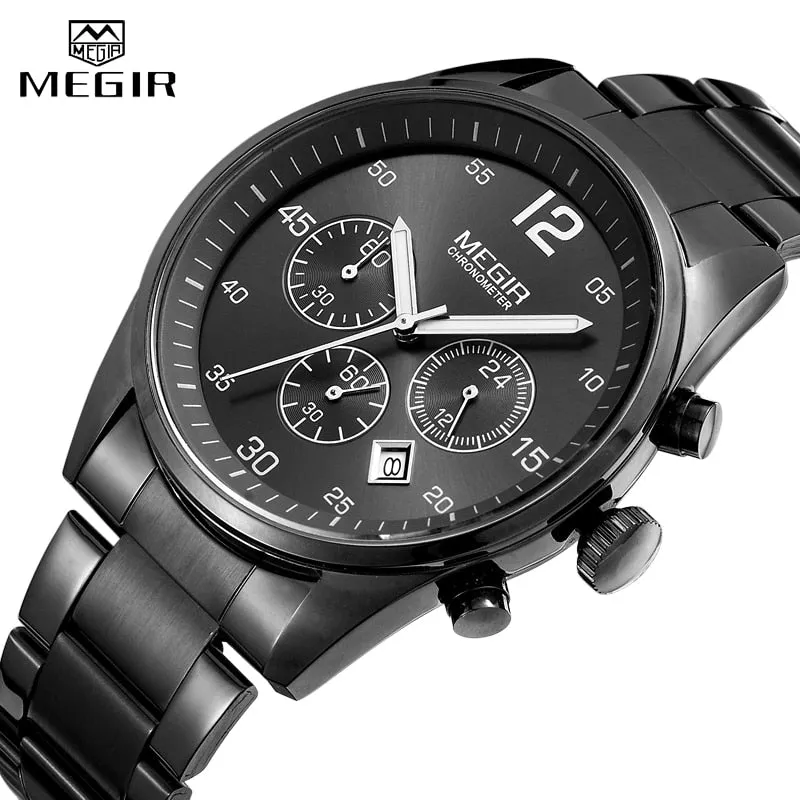 MEGIR Military Sport Men Watches Stainless Steel Quartz Watch Fashion Casual Male Date Clock Full Steel Business Mens Wristwatch