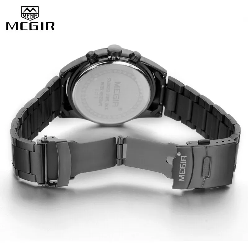 MEGIR Military Sport Men Watches Stainless Steel Quartz Watch Fashion Casual Male Date Clock Full Steel Business Mens Wristwatch