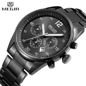 MEGIR Military Sport Men Watches Stainless Steel Quartz Watch Fashion Casual Male Date Clock Full Steel Business Mens Wristwatch