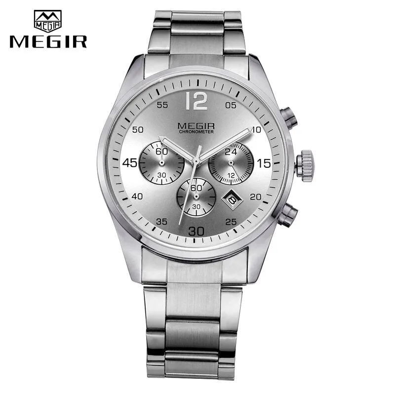 MEGIR Military Sport Men Watches Stainless Steel Quartz Watch Fashion Casual Male Date Clock Full Steel Business Mens Wristwatch