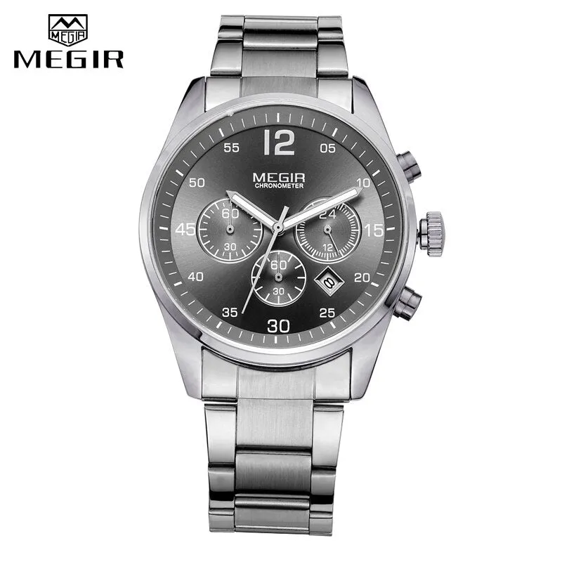 MEGIR Military Sport Men Watches Stainless Steel Quartz Watch Fashion Casual Male Date Clock Full Steel Business Mens Wristwatch