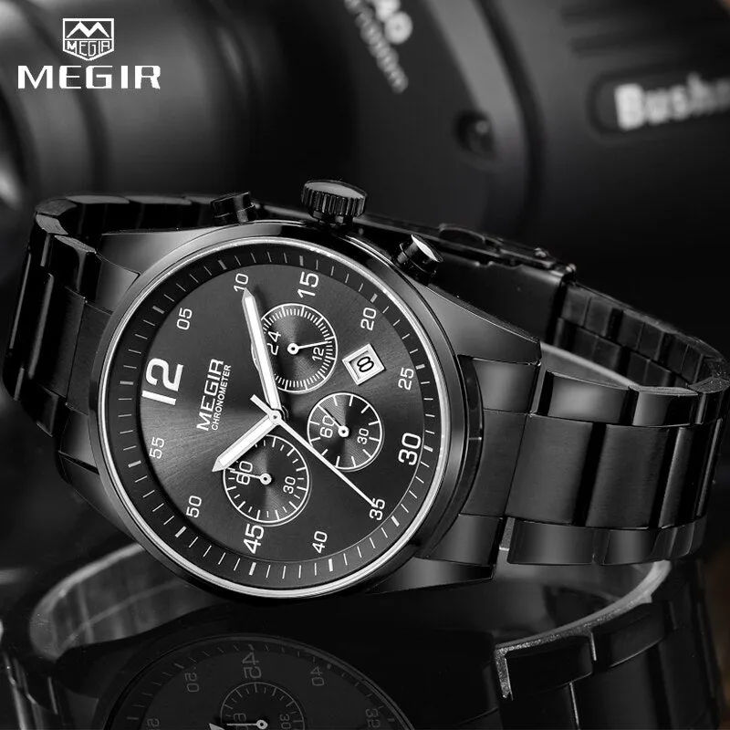 MEGIR Military Sport Men Watches Stainless Steel Quartz Watch Fashion Casual Male Date Clock Full Steel Business Mens Wristwatch