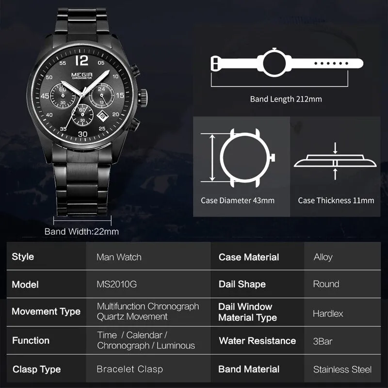 MEGIR Military Sport Men Watches Stainless Steel Quartz Watch Fashion Casual Male Date Clock Full Steel Business Mens Wristwatch