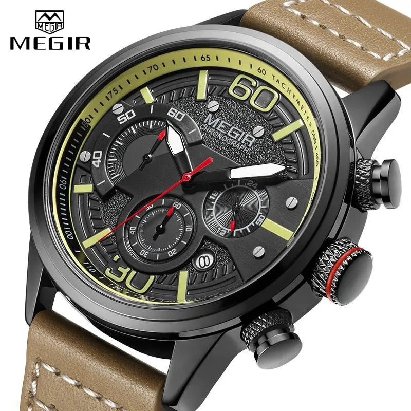 MEGIR New Watch Men Chronograph Luxury Brand Waterproof Sport Quartz Wristwatch Man Casual Leather Analog Watches Military Clock