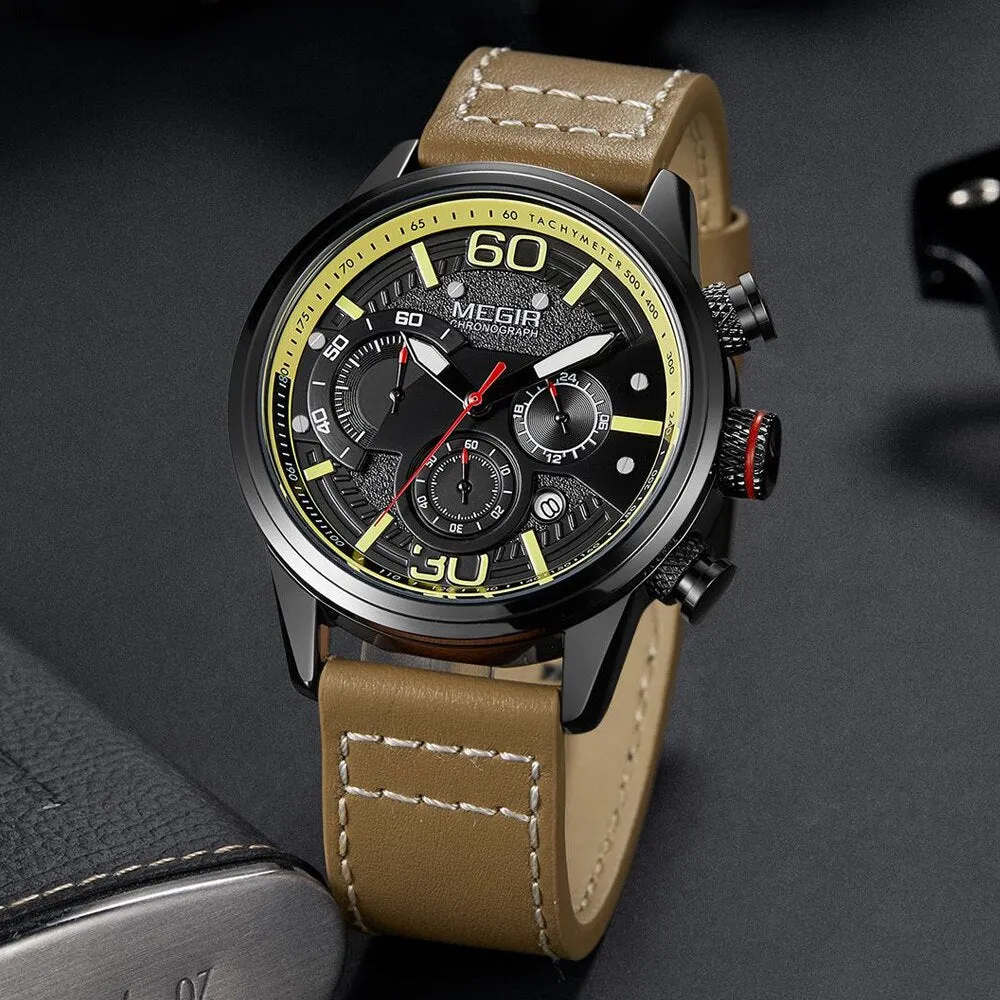 MEGIR New Watch Men Chronograph Luxury Brand Waterproof Sport Quartz Wristwatch Man Casual Leather Analog Watches Military Clock