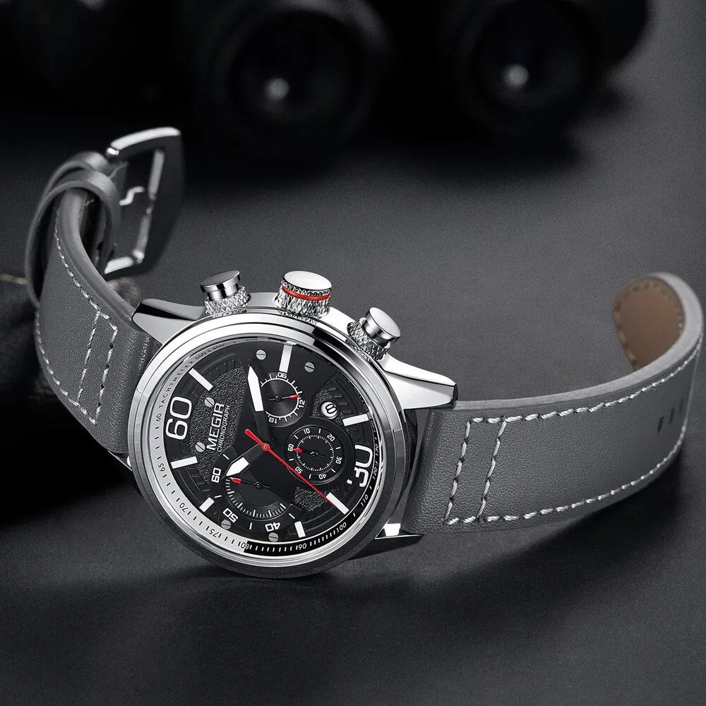 MEGIR New Watch Men Chronograph Luxury Brand Waterproof Sport Quartz Wristwatch Man Casual Leather Analog Watches Military Clock