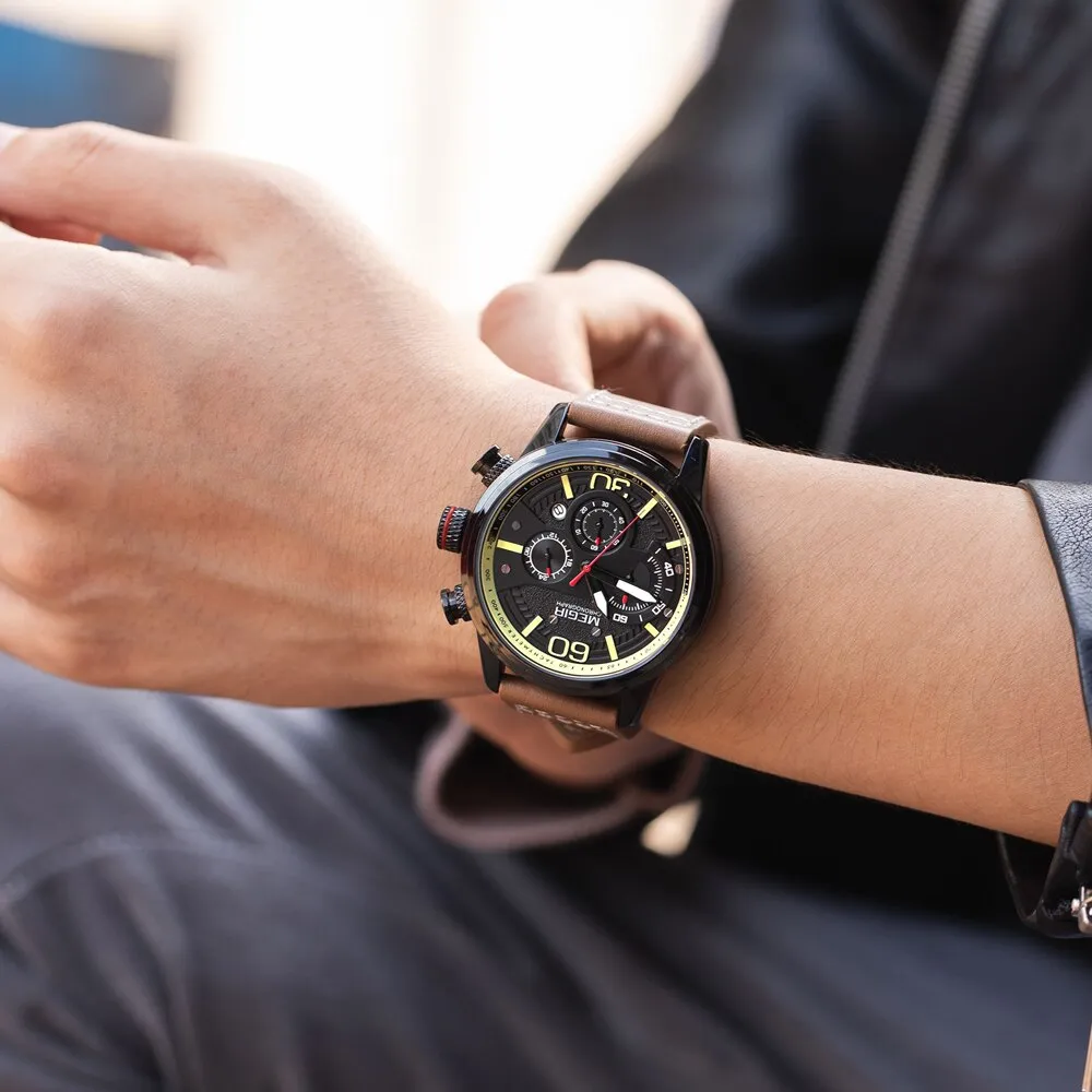 MEGIR New Watch Men Chronograph Luxury Brand Waterproof Sport Quartz Wristwatch Man Casual Leather Analog Watches Military Clock