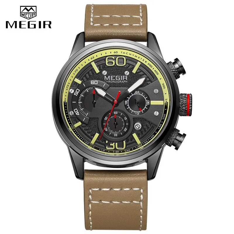 MEGIR New Watch Men Chronograph Luxury Brand Waterproof Sport Quartz Wristwatch Man Casual Leather Analog Watches Military Clock
