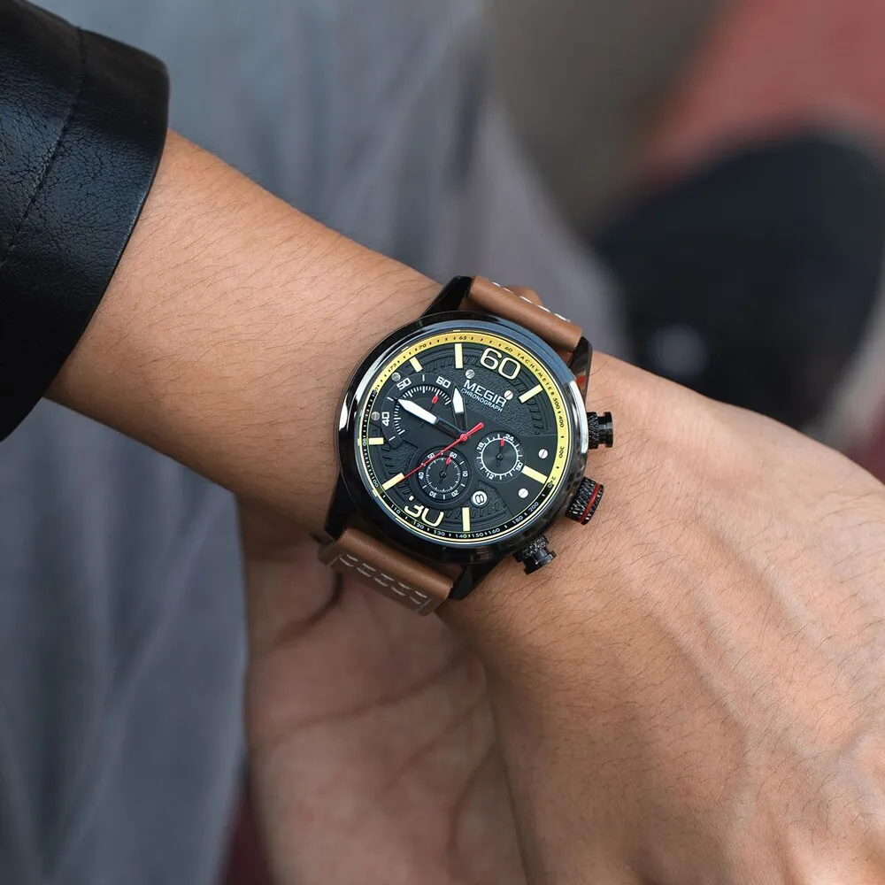 MEGIR New Watch Men Chronograph Luxury Brand Waterproof Sport Quartz Wristwatch Man Casual Leather Analog Watches Military Clock