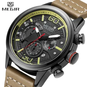 MEGIR New Watch Men Chronograph Luxury Brand Waterproof Sport Quartz Wristwatch Man Casual Leather Analog Watches Military Clock
