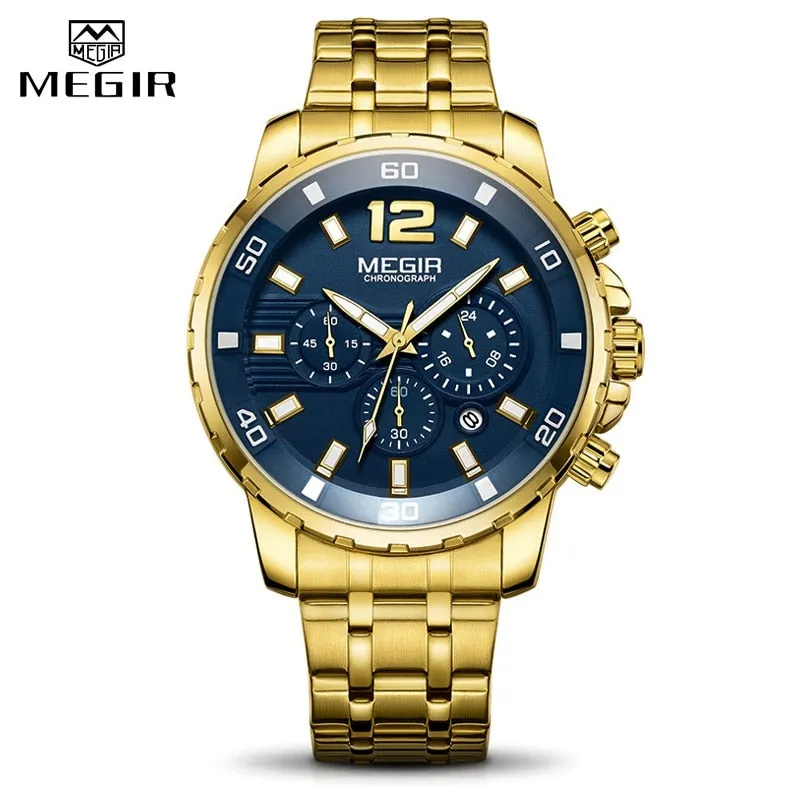 MEGIR Sport Watch Men Fashion Stainless Steel Quartz Wristwatch Military Chronograph Clock Business Casual Waterproof Watches