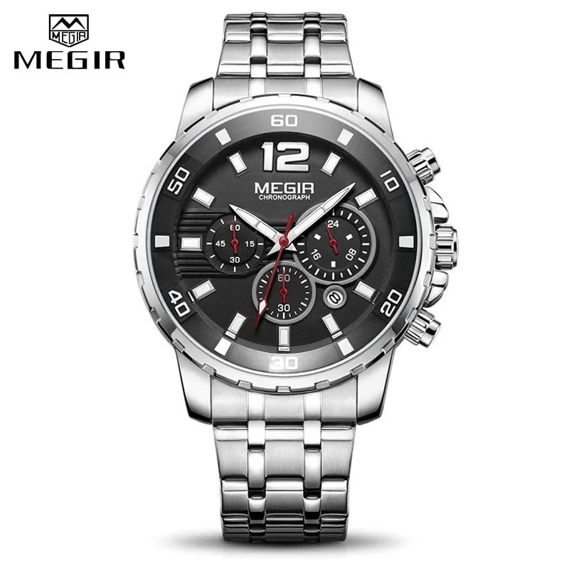 MEGIR Sport Watch Men Fashion Stainless Steel Quartz Wristwatch Military Chronograph Clock Business Casual Waterproof Watches