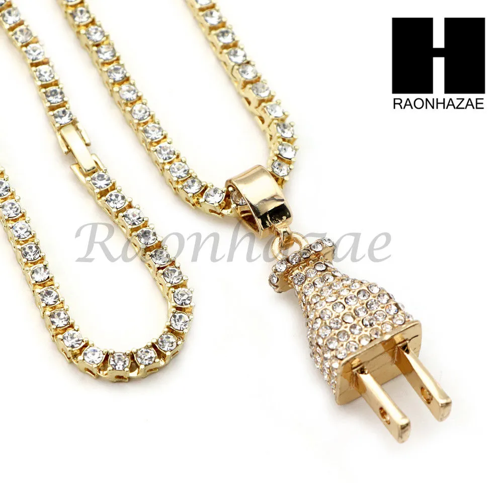 MEN ELECTRONIC PLUG TENNIS CHAIN DIAMOND CUT 30" CUBAN LINK CHAIN S50