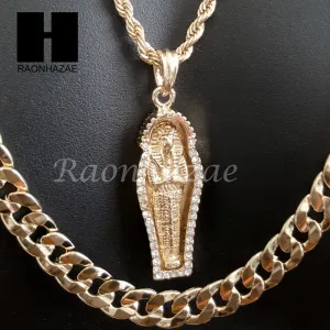 MEN GOLD KING TUT MUMMY CHARM CUT 30" CUBAN LINK CHAIN NECKLACE S084G