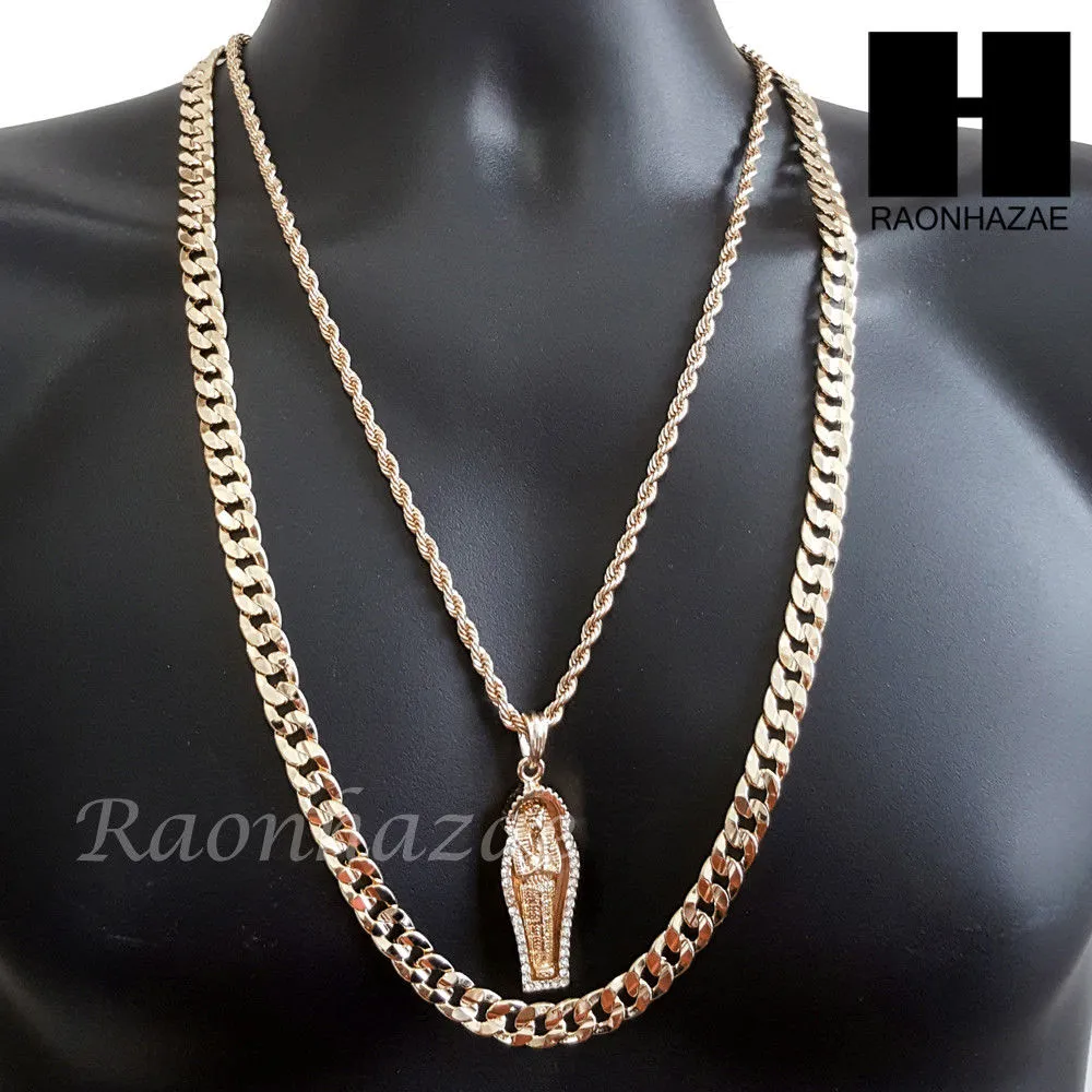 MEN GOLD KING TUT MUMMY CHARM CUT 30" CUBAN LINK CHAIN NECKLACE S084G