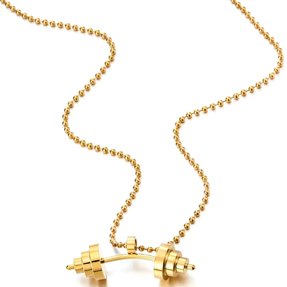 Mens Stainless Steel Gold Color Barbell Dumbbell Pendant Necklace with 23.6 in Ball Chain