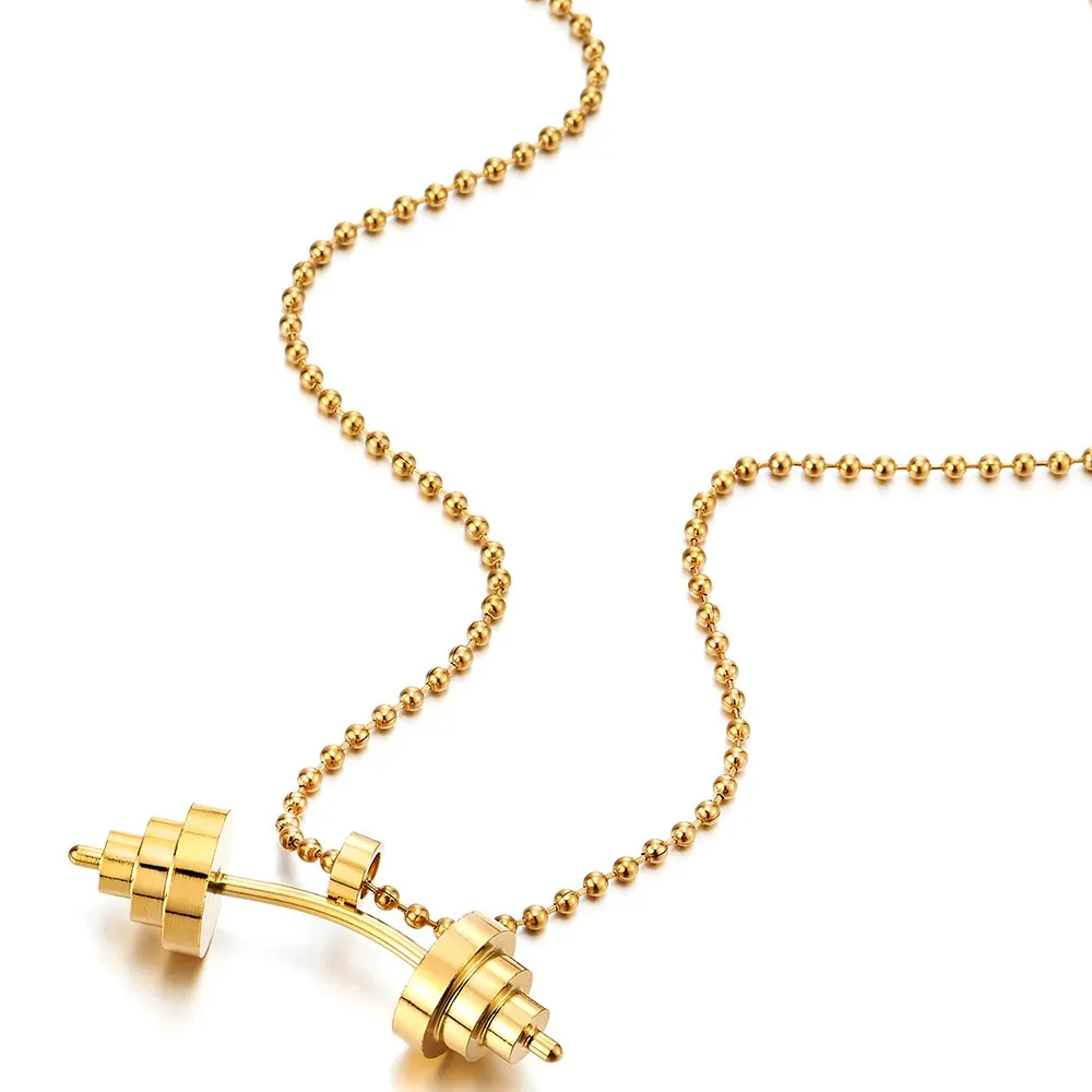 Mens Stainless Steel Gold Color Barbell Dumbbell Pendant Necklace with 23.6 in Ball Chain