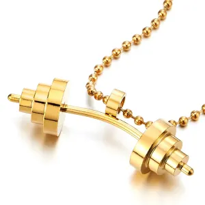 Mens Stainless Steel Gold Color Barbell Dumbbell Pendant Necklace with 23.6 in Ball Chain