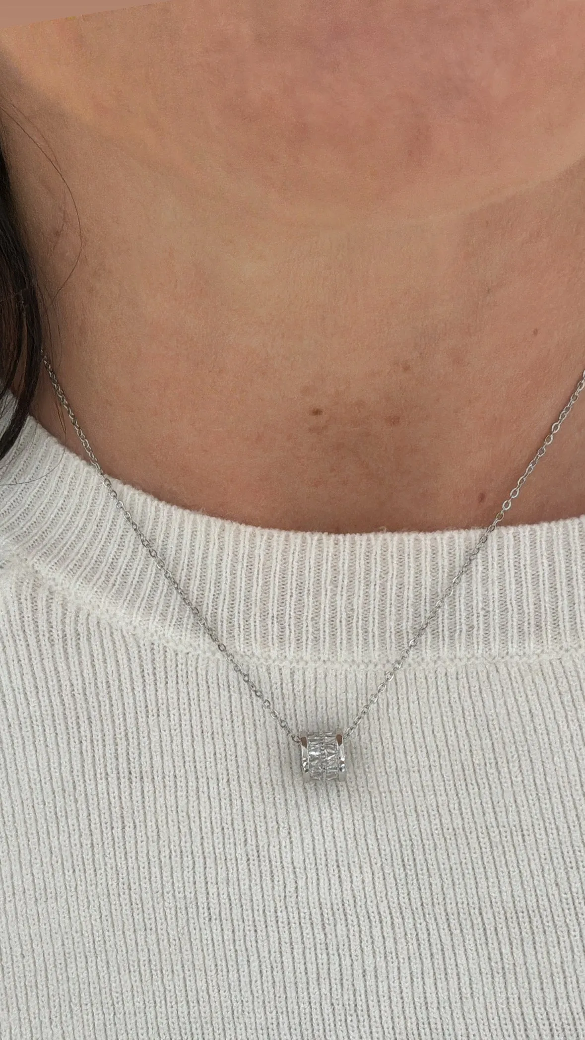 Merritt Silver Rhinestone Cylinder Pendant Necklace