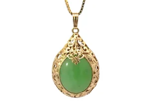 Ming's Hawaii Oval Green Jade Cabochon Pear Shaped Necklace 14k Yellow Gold