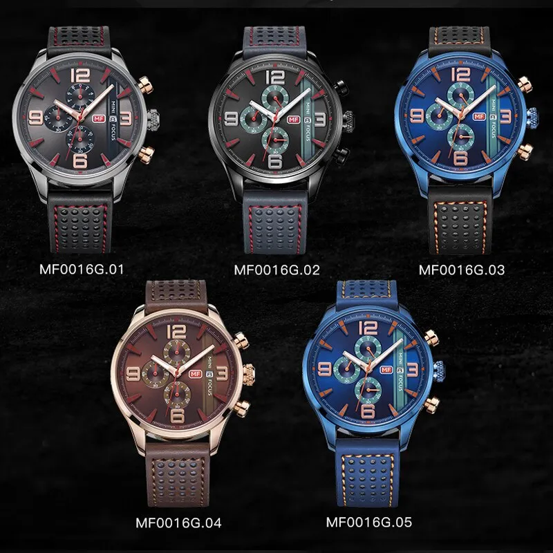 MINI FOCUS Fashion Casual Men Watches Luxury Brand Quartz Mens Watch Genuine Leather Waterproof Calendar Male Wristwatches