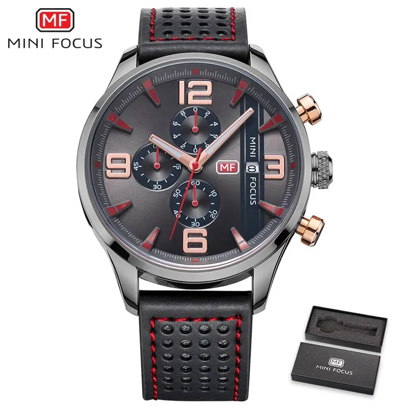 MINI FOCUS Fashion Casual Men Watches Luxury Brand Quartz Mens Watch Genuine Leather Waterproof Calendar Male Wristwatches
