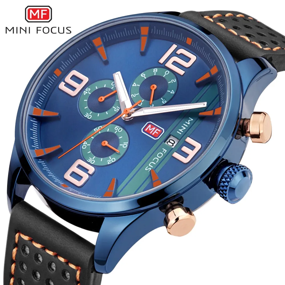 MINI FOCUS Fashion Casual Men Watches Luxury Brand Quartz Mens Watch Genuine Leather Waterproof Calendar Male Wristwatches