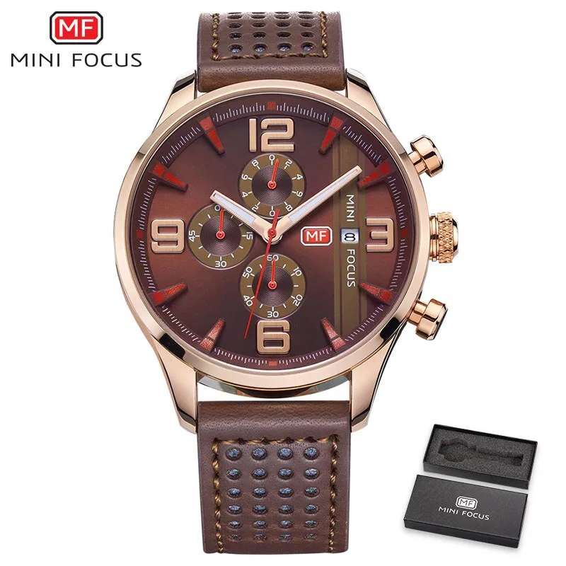 MINI FOCUS Fashion Casual Men Watches Luxury Brand Quartz Mens Watch Genuine Leather Waterproof Calendar Male Wristwatches