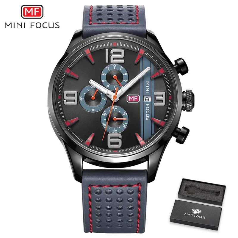MINI FOCUS Fashion Casual Men Watches Luxury Brand Quartz Mens Watch Genuine Leather Waterproof Calendar Male Wristwatches