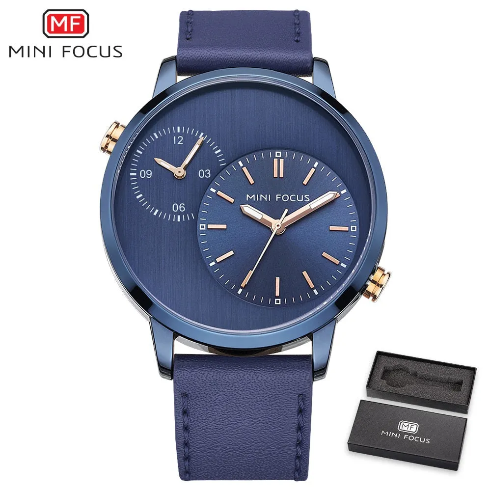 MINI FOCUS Men Watches Fashion Casual Man Watch Top Brand Luxury Genuine Leather Busines 2 Time Zone Quartz-Watch Men Wristwatch