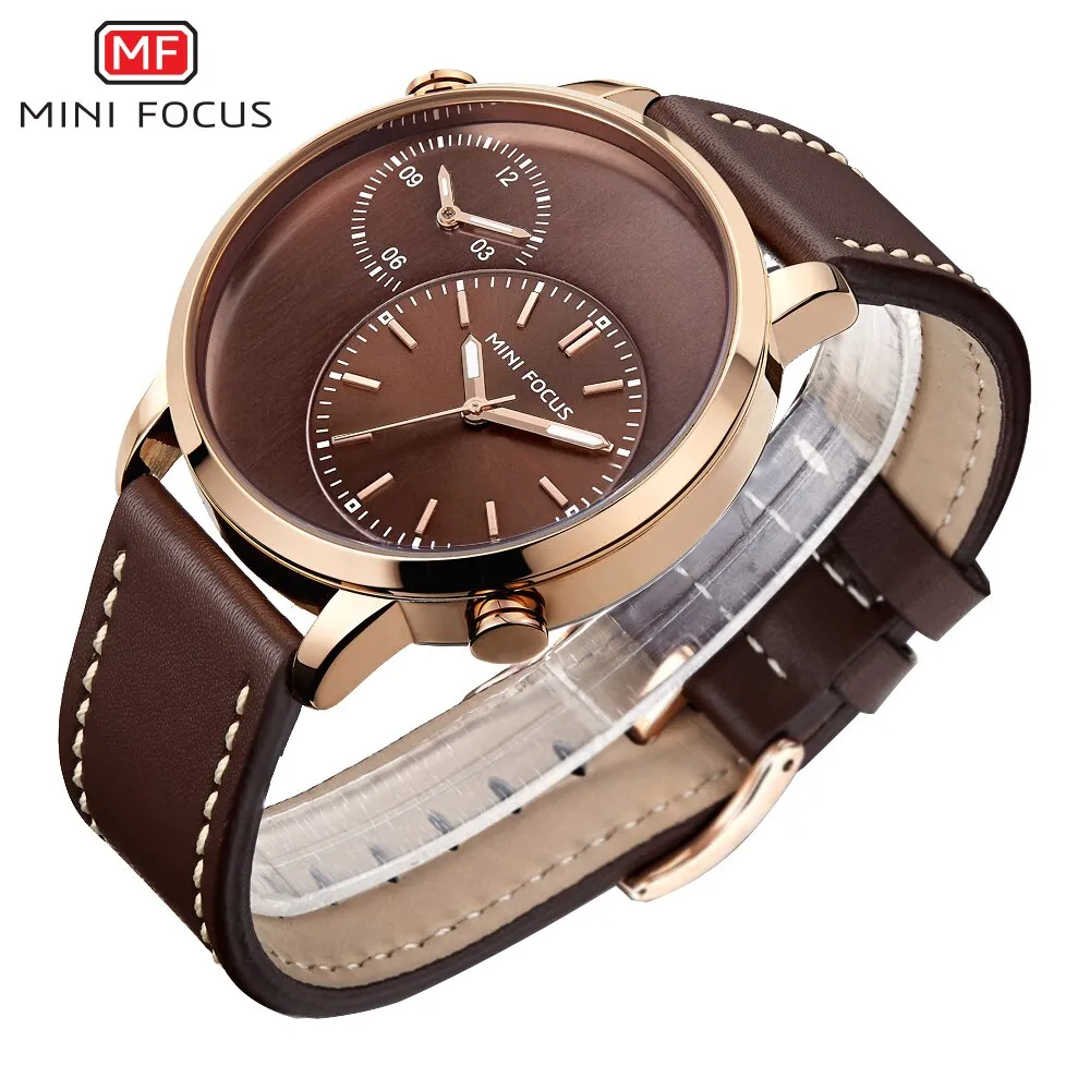 MINI FOCUS Men Watches Fashion Casual Man Watch Top Brand Luxury Genuine Leather Busines 2 Time Zone Quartz-Watch Men Wristwatch