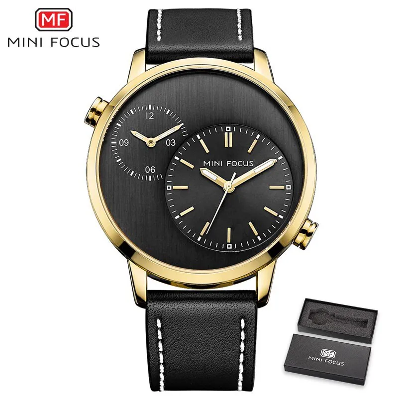MINI FOCUS Men Watches Fashion Casual Man Watch Top Brand Luxury Genuine Leather Busines 2 Time Zone Quartz-Watch Men Wristwatch