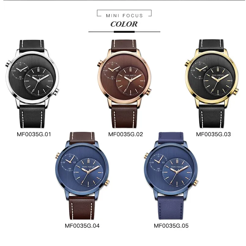 MINI FOCUS Men Watches Fashion Casual Man Watch Top Brand Luxury Genuine Leather Busines 2 Time Zone Quartz-Watch Men Wristwatch