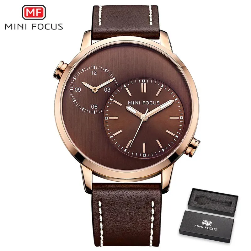 MINI FOCUS Men Watches Fashion Casual Man Watch Top Brand Luxury Genuine Leather Busines 2 Time Zone Quartz-Watch Men Wristwatch