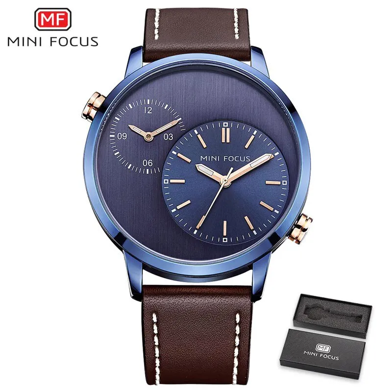 MINI FOCUS Men Watches Fashion Casual Man Watch Top Brand Luxury Genuine Leather Busines 2 Time Zone Quartz-Watch Men Wristwatch