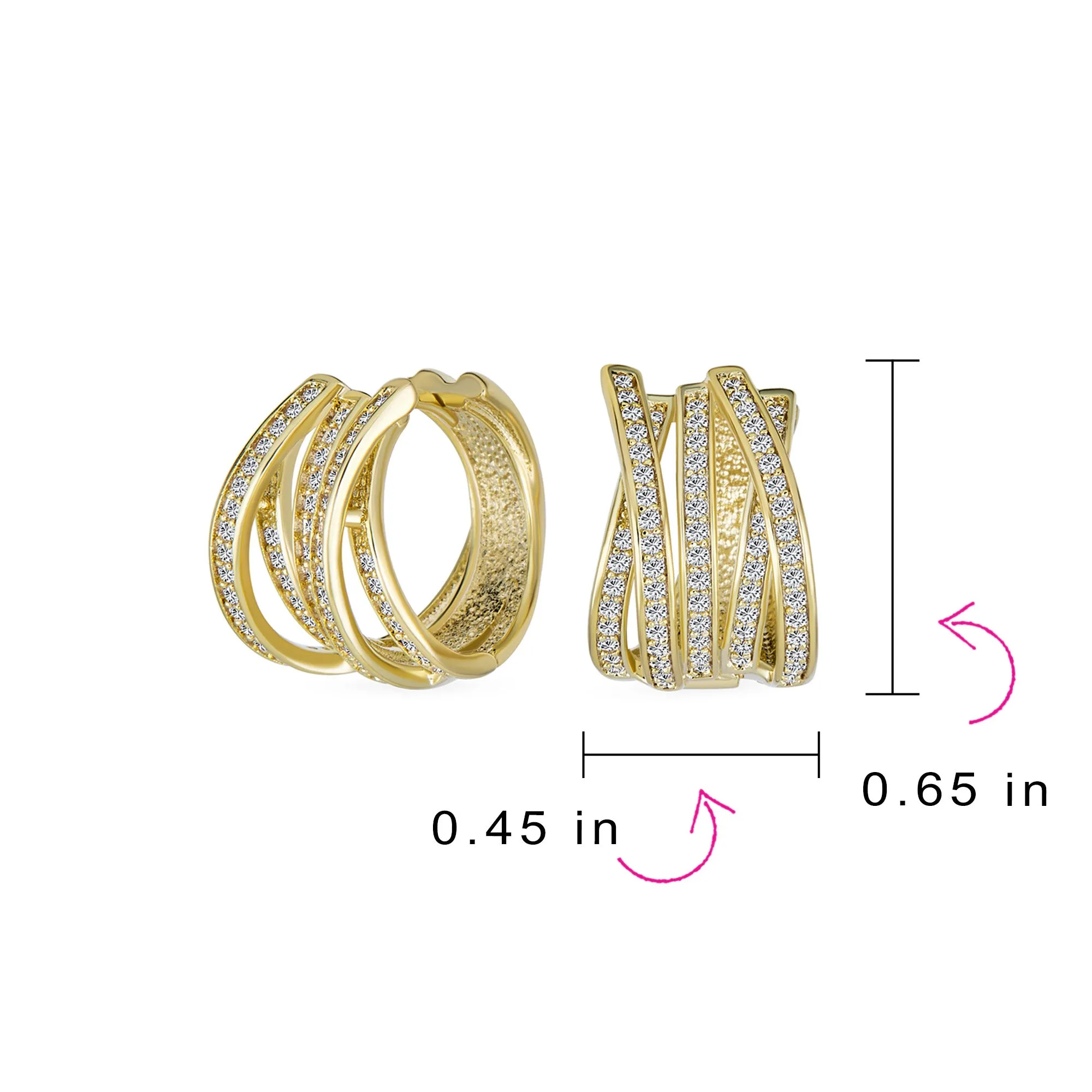 Modern Five Rows CZ Wide Criss Cross Huggie Hoop Earrings Gold Plated 0.6 Inch