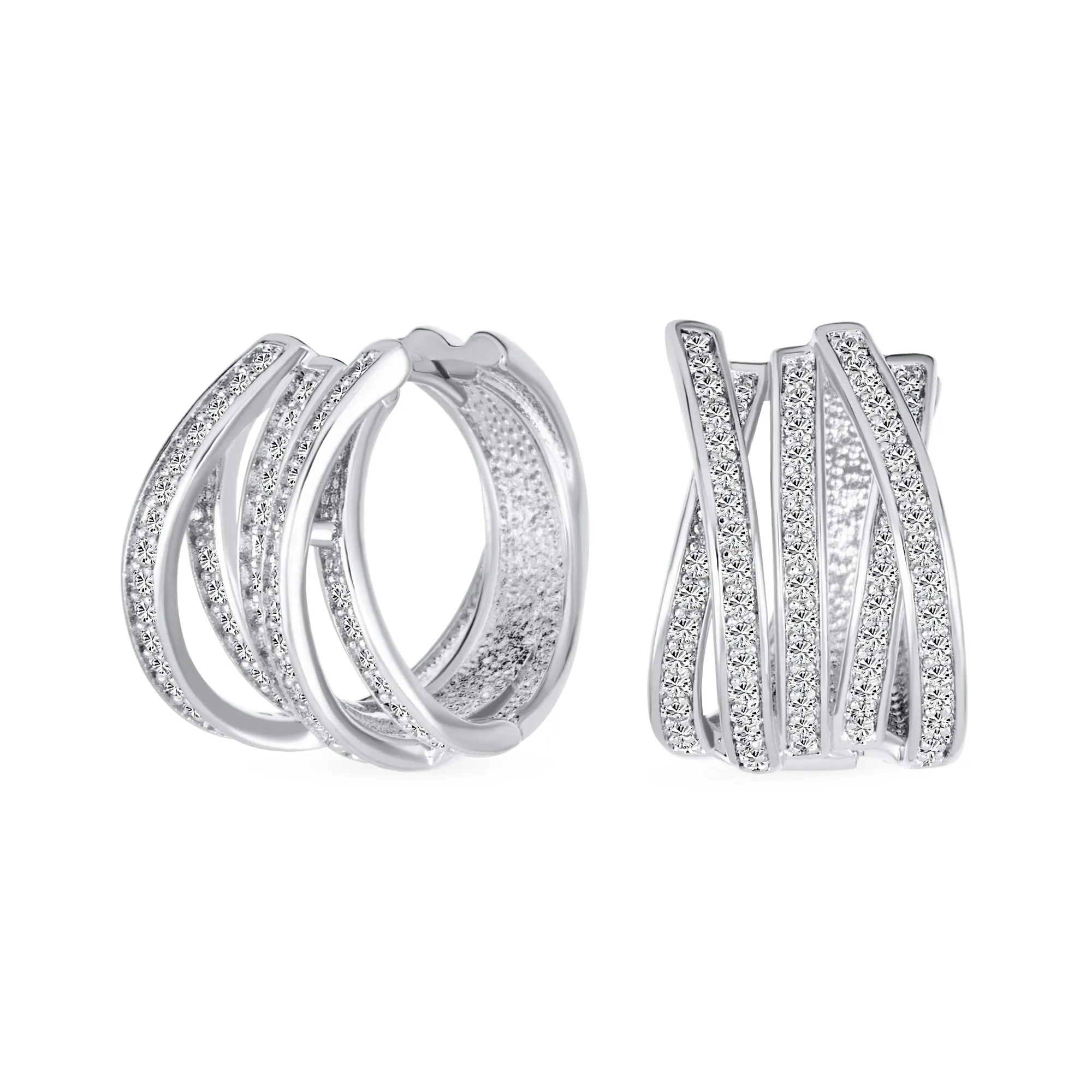 Modern Five Rows CZ Wide Criss Cross Huggie Hoop Earrings Gold Plated 0.6 Inch