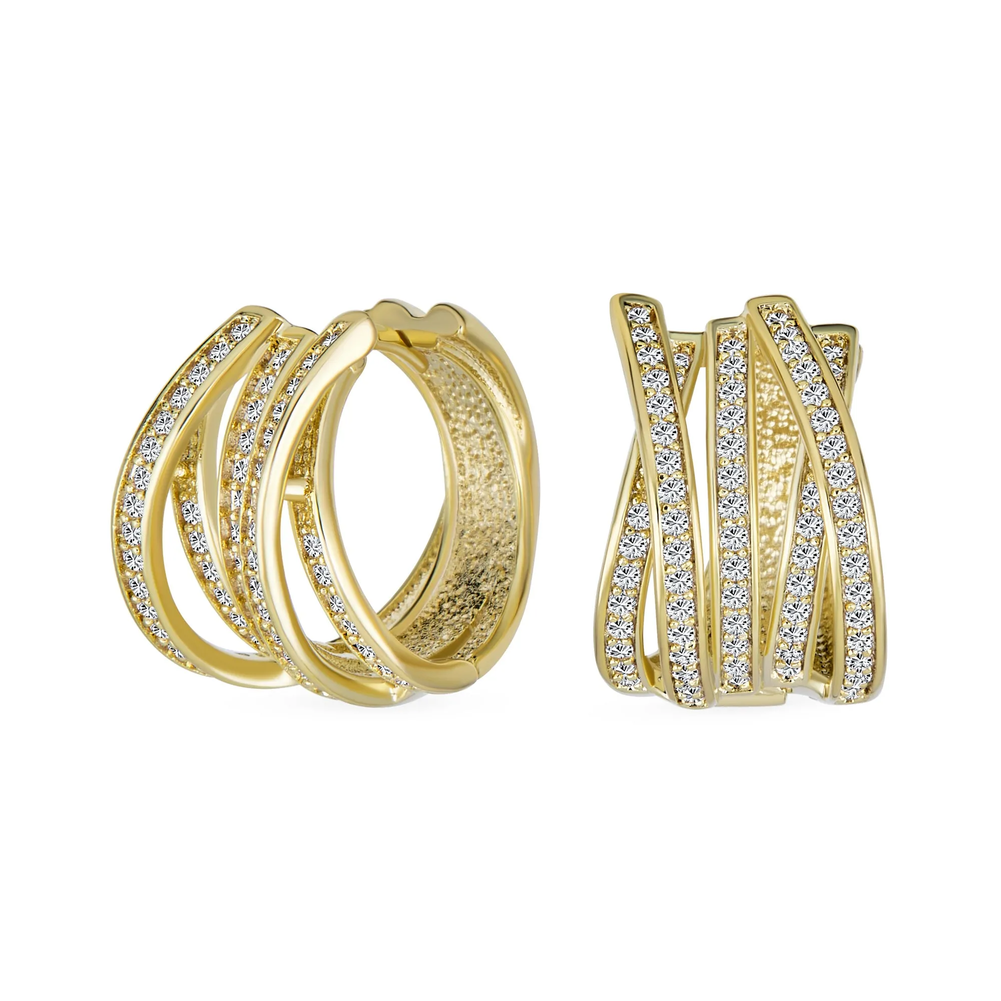 Modern Five Rows CZ Wide Criss Cross Huggie Hoop Earrings Gold Plated 0.6 Inch