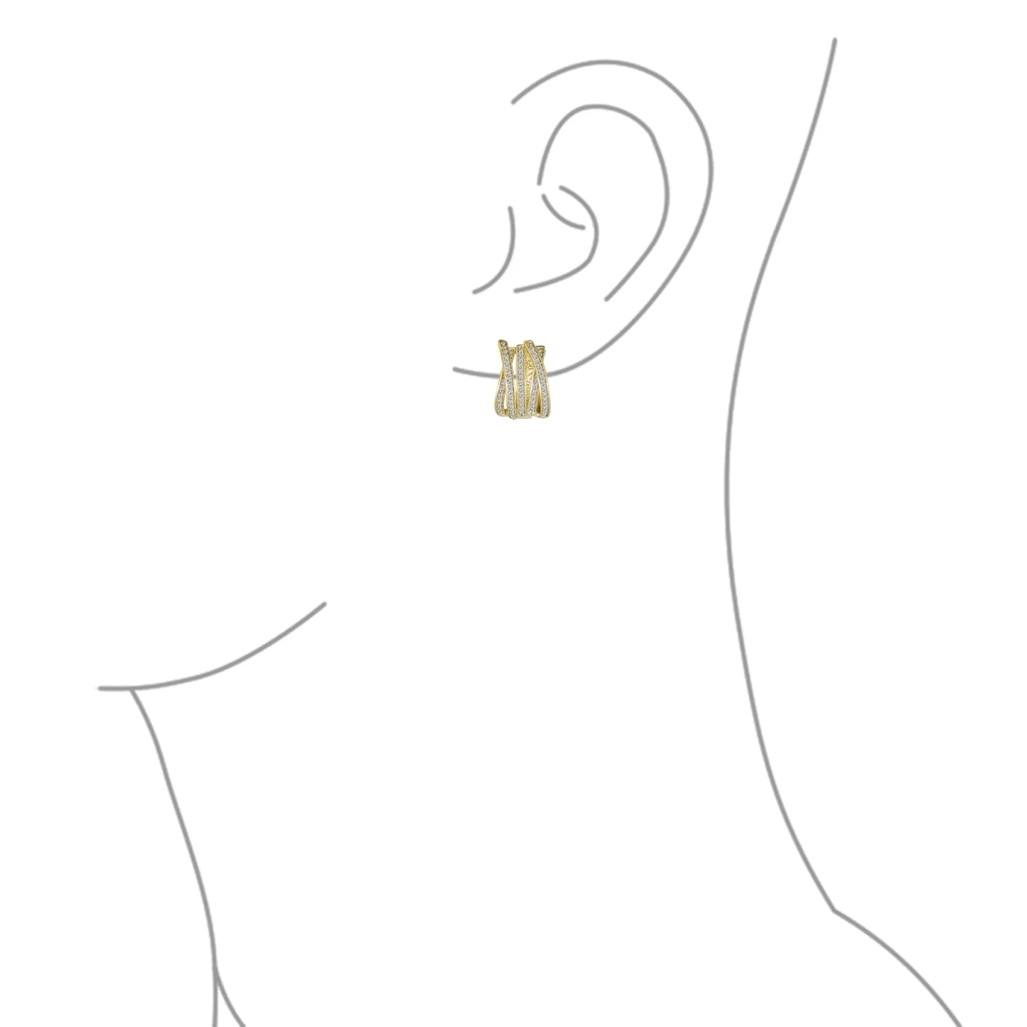 Modern Five Rows CZ Wide Criss Cross Huggie Hoop Earrings Gold Plated 0.6 Inch