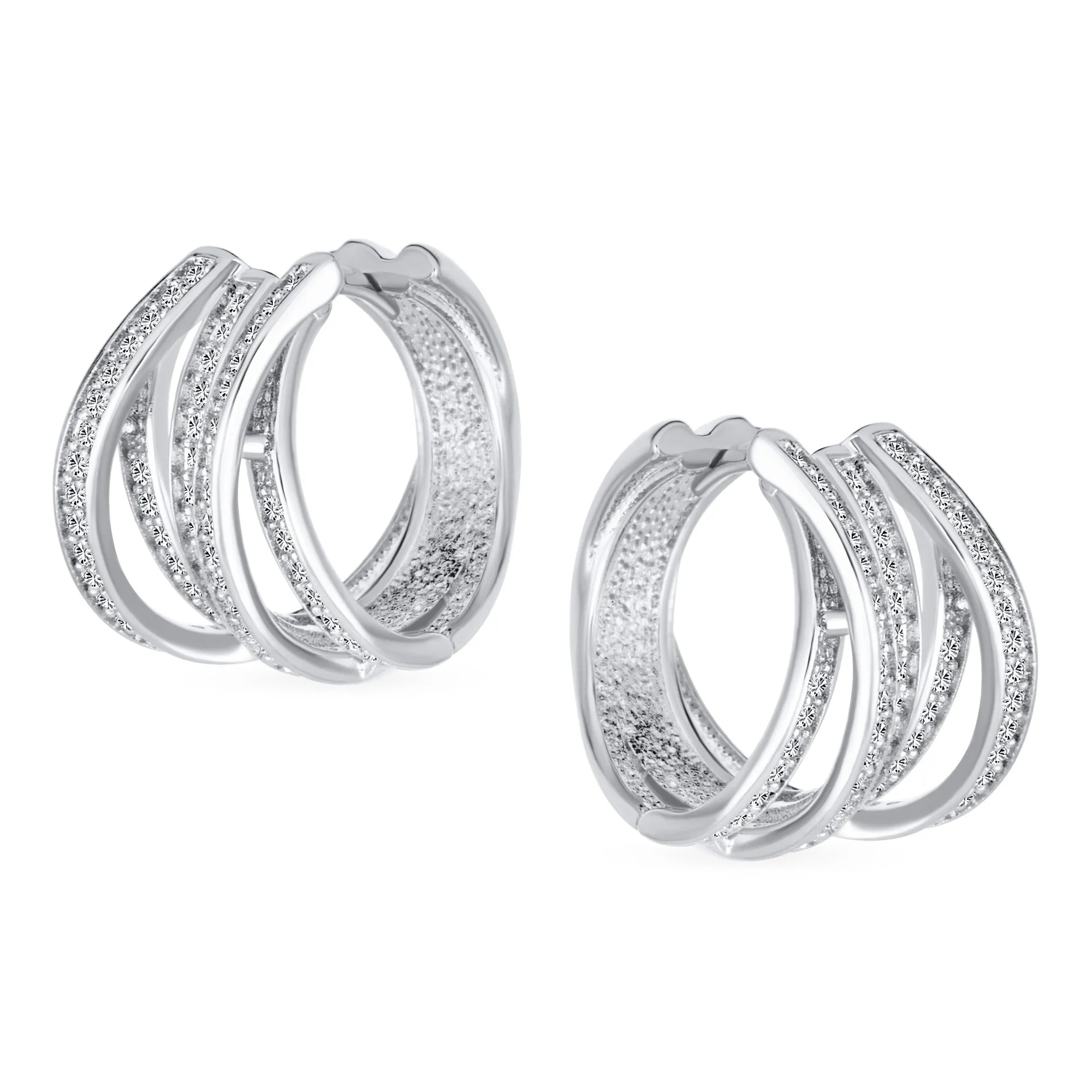Modern Five Rows CZ Wide Criss Cross Huggie Hoop Earrings Gold Plated 0.6 Inch
