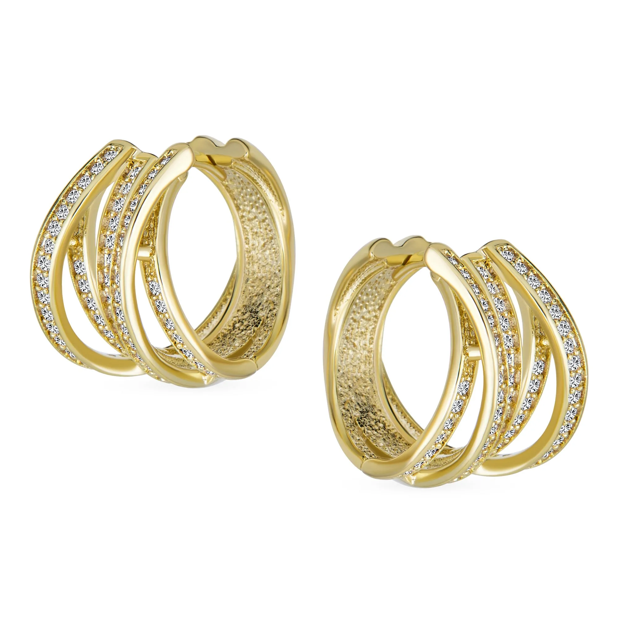 Modern Five Rows CZ Wide Criss Cross Huggie Hoop Earrings Gold Plated 0.6 Inch